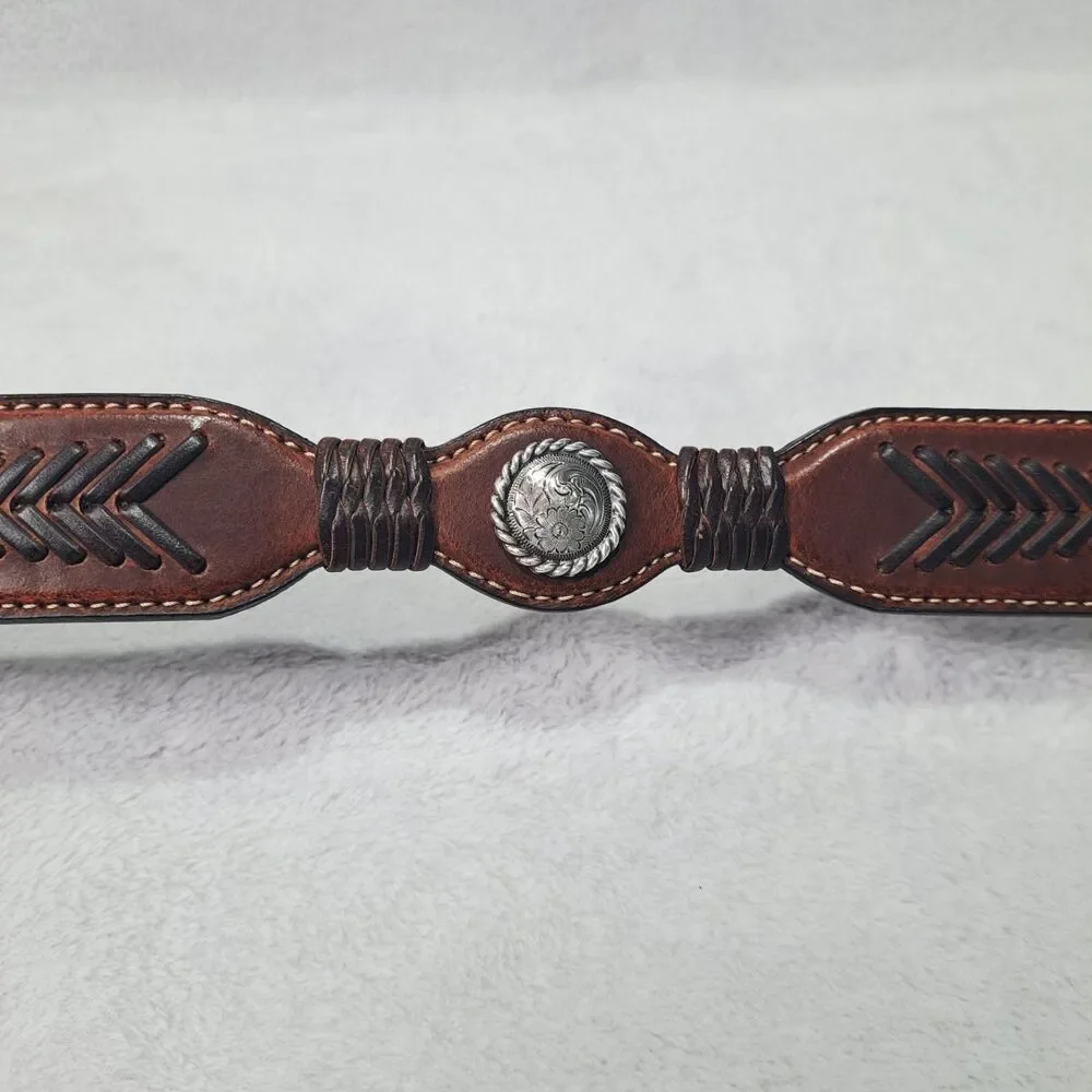 NOCONA Brown Leather Belt 44 Floral Embossed Conchos & Buckle Western Rodeo